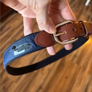 Navy Canvas Belt with Brown Leather Trim and Loon Motif